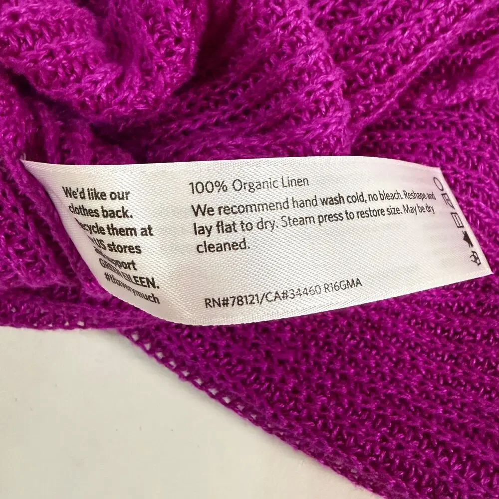 Eileen Fisher L Womens V Neck Boxy Sweater Fuchsia Plim 100% Linen